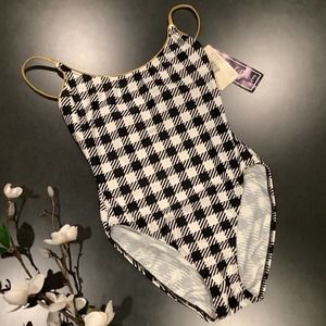 Vintage Anne Cole Gold Metallic Trim Houndstooth Plaid One Piece Swimsuit NOS